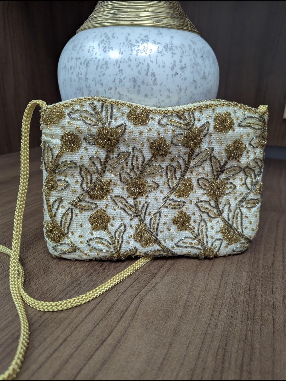Gold Beaded Crossbody Bag with Floral Embroidery